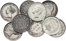 Portugal. 1843 a 1910. 100 reis. Lote de 9 monedas, todas distintas. A examinar. MBC/EBC+.