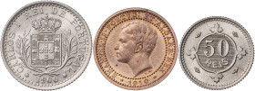 Portugal. 1900 y 1910. 5, 50 y 100 reis. Lote de 3 monedas, dos en plata. A examinar. EBC.