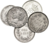 Portugal. 1855 a 1909. 200 reis. Lote de 5 monedas en plata, todas distintas. A examinar. MBC-/MBC+.