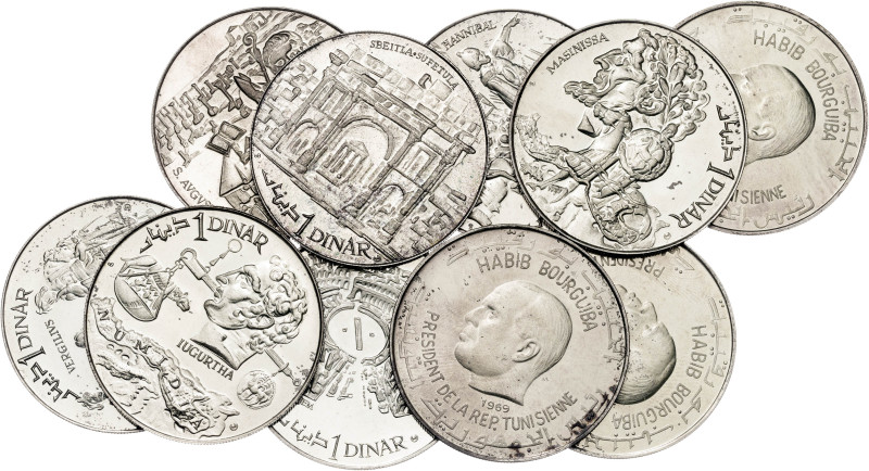 Túnez. 1969. 1 dinar. Lote de 10 monedas, todas distintas, serie completa. A exa...