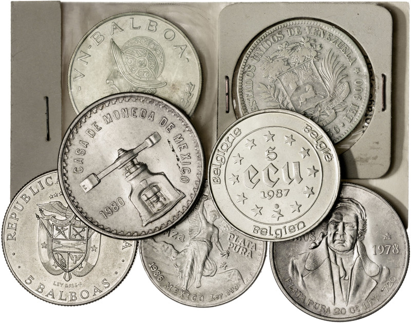 Lote de 7 monedas en plata de diversos países. A examinar. 151,67 g. BC/S/C.