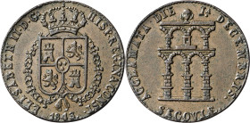 1843. Isabel II. Segovia. Mayoría de edad. (Ha. 15 var. metal) (V. 371) (V.Q. 13423 var. metal). Bronce. 4,21 g. Ø24 mm. EBC.