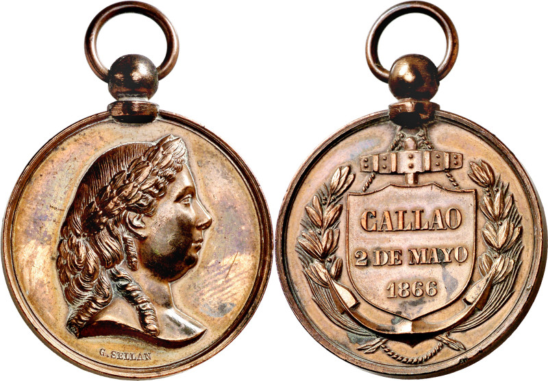 Perú. 1866. Isabel II. Guerra del Pacífico - Acción naval del Callao. Medalla de...
