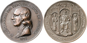 1892. Alfonso XIII. Sevilla. IV Centenario del Descubrimiento. (V. 559). Grabador: E. López Lorenzis. Golpe en canto. Limpiada. Bronce. 55,91 g. Ø50 m...