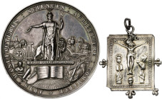 Lote de 2 medallas: Gran Bretaña (Londres) - Academia Nacional, Premio a J. M. de Fivaller (España), grabador Pinches, plata, 107,77 g. y Ø67 mm, y ot...