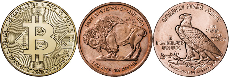 Lote de 2 medallas en cobre de Estados Unidos y un bitcoin dorado. S/C.
