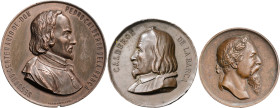 Lote de 3 medallas de poetas y dramaturgos: Calderón de la Barca 1881 (dos) y Zorrilla 1889. Bronce. MBC-/MBC+.