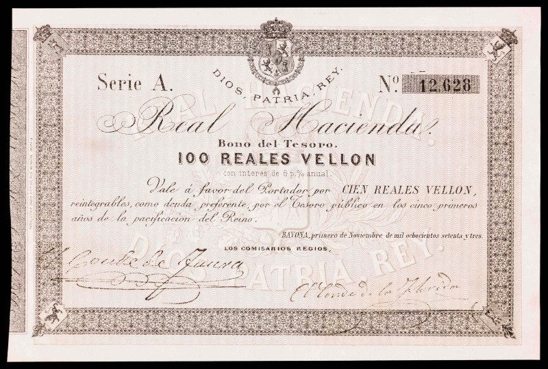 1873. Bayona. Real Hacienda. Bono del Tesoro. 100 reales de vellón. (Ed. A219) (...