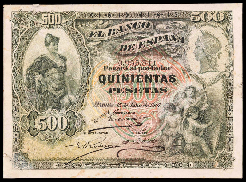 1907. 500 pesetas. (Ed. B105) (Ed. 321). 15 de julio. Punto de aguja. Reparado. ...