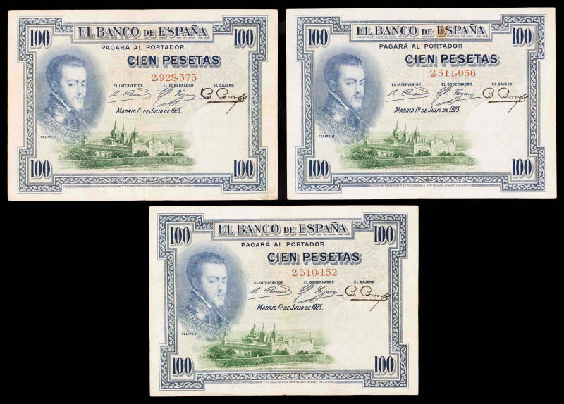 1925. 100 pesetes. (Ed. B127) (Ed. 344). 1 de julio, Felipe II. Lote de 3 billet...