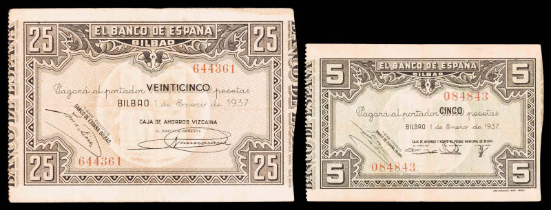 1937. Bilbao. 5 y 25 pesetas. (Ed. C36a y C39a) (Ed. 385a y 388a). 1 de enero. 2...