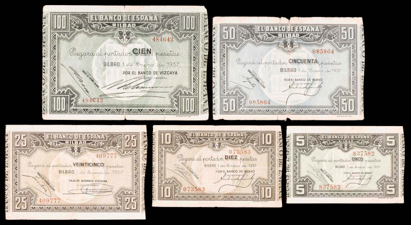 1937. Bilbao. 5, 10, 25, 50 y 100 pesetas. (Ed. C36c, C38a, C39a, C40a y C41b) (...