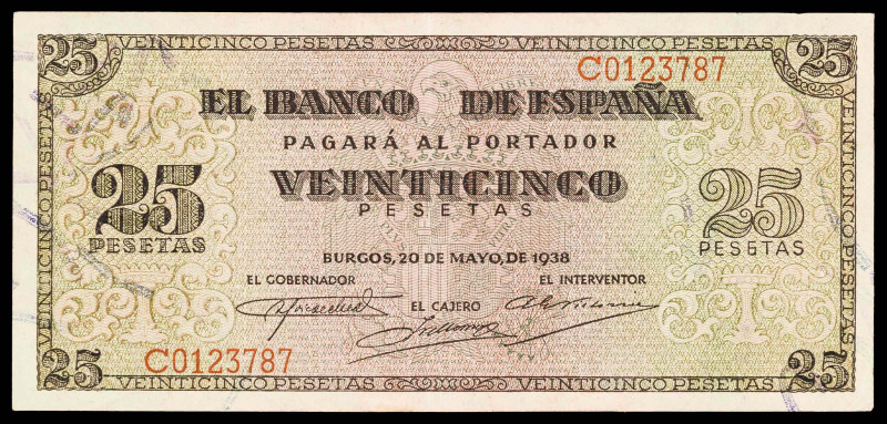 1938. Burgos. 25 pesetas. (Ed. D31a) (Ed. 430a). 20 de mayo. Serie C. MBC+.