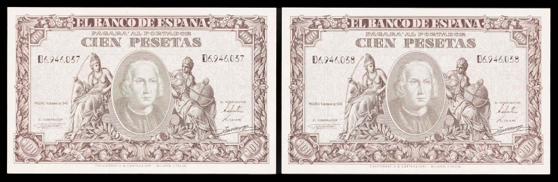 1940. 100 pesetas. (Ed. D39a) (Ed. 438a). 9 de enero, Colón. Pareja correlativa,...