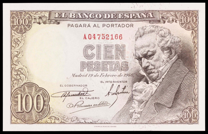 1946. 100 pesetas. (Ed. D52a) (Ed. 451a). 19 de febrero, Goya. Serie A. Leve ond...