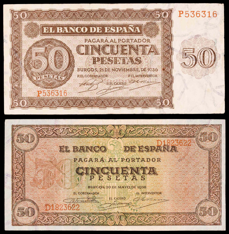 1936 y 1938. Burgos. 50 pesetas. Lote de 2 billetes, series D y P. MBC-/MBC.