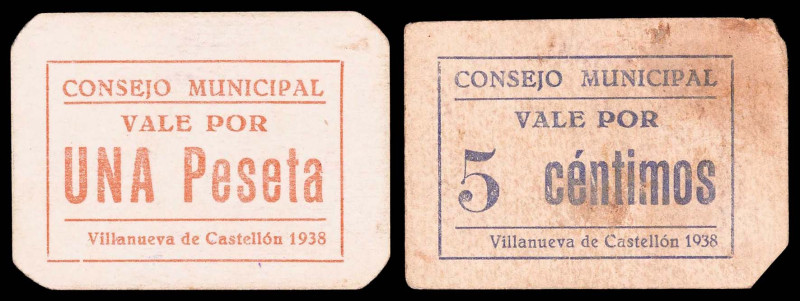 Villanueva de Castellón (Valencia). Consejo Municipal. 5 céntimos y 1 peseta. (T...