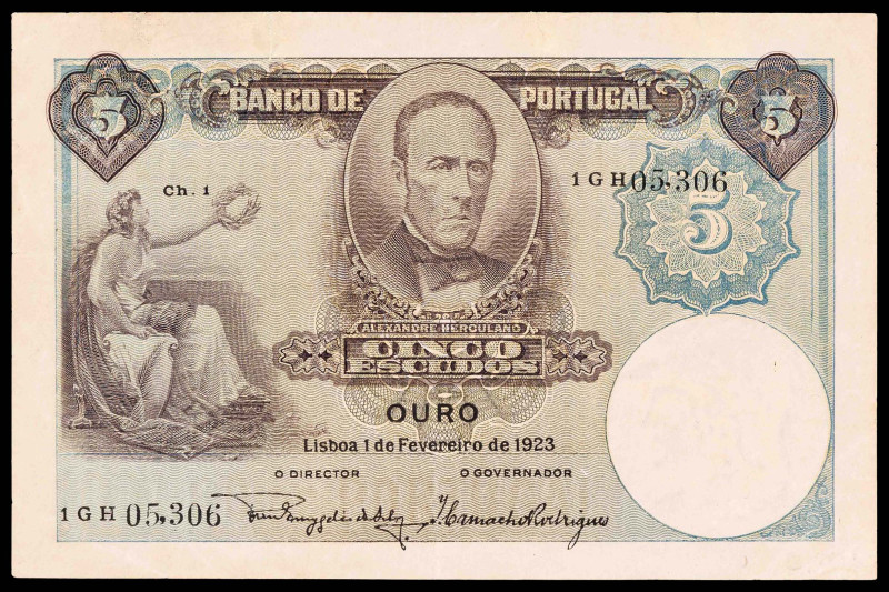 Portugal. 1923. 5 escudos. (Pick 114). 1 de febrero, Alexandre Herculano. Serie ...