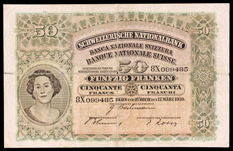 Suiza. 1939. Banco Nacional. 50 francos. (Pick 34). 17 de marzo. Leves roturas. ...