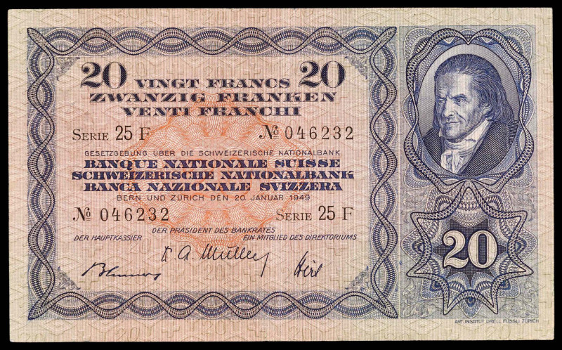 Suiza. 1949. Banco Nacional. 20 francos. (PIck 39q). 20 de enero, Johann Heinric...