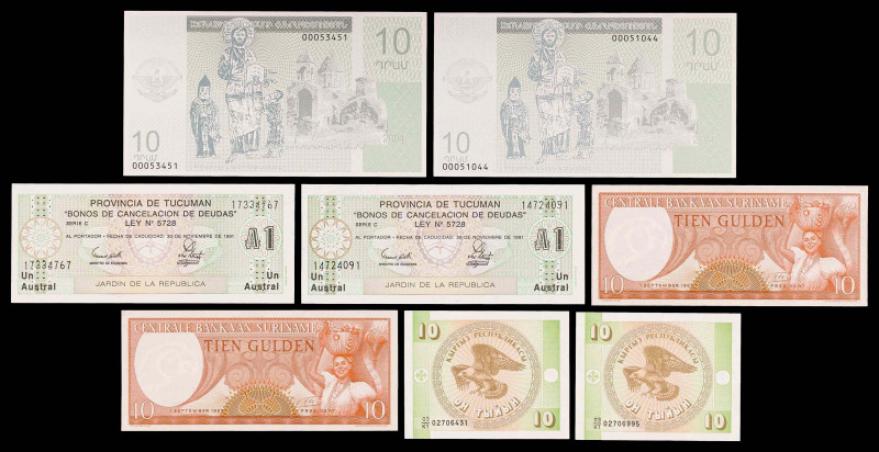 Lote de 8 billetes de 4 tipos y países distintos: Argentina, Armenia, Kirguistán...