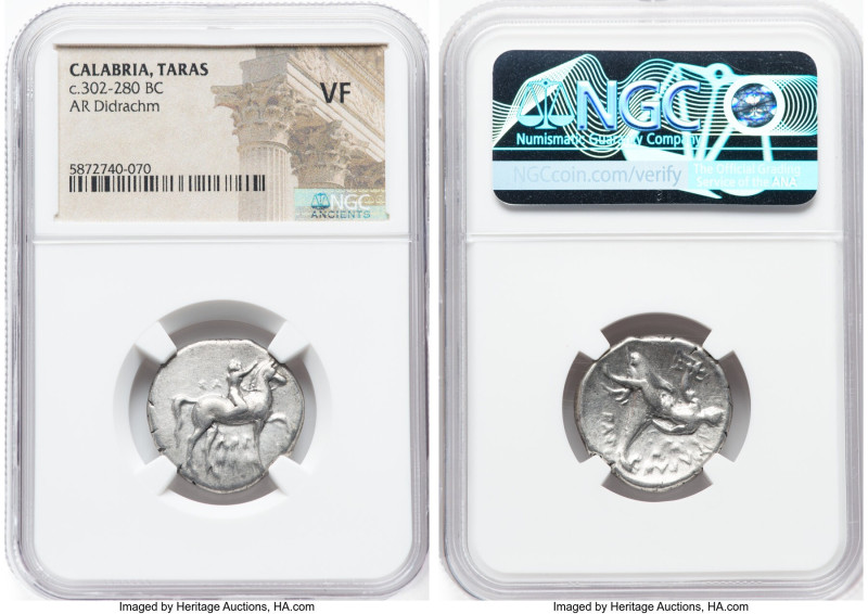 CALABRIA. Tarentum. Ca. 302-281 BC. AR didrachm (21mm, 3h). NGC VF. Arethon, Sy-...