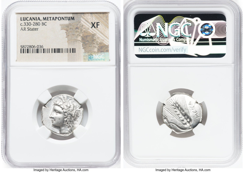 LUCANIA. Metapontum. Ca. 330-280 BC. AR stater (21mm, 10h). NGC XF. Head of Deme...