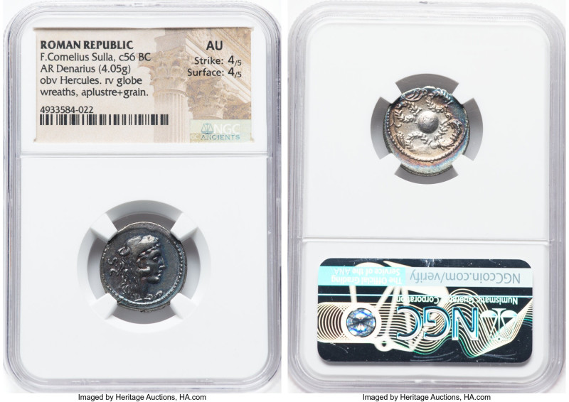 Faustus Cornelius Sulla (ca. 56 BC). AR denarius (19mm, 4.05 gm, 4h). NGC AU 4/5...