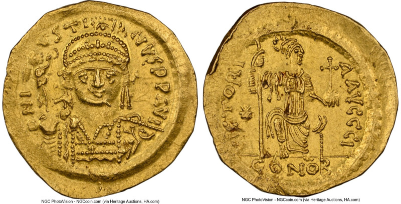 Justin II (AD 565-578). AV solidus (21mm, 4.47 gm, 6h). NGC Choice AU 5/5 - 2/5,...