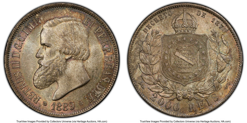 Pedro II 2000 Reis 1889 MS63 PCGS, Rio de Janeiro mint, KM485. Last year of type...