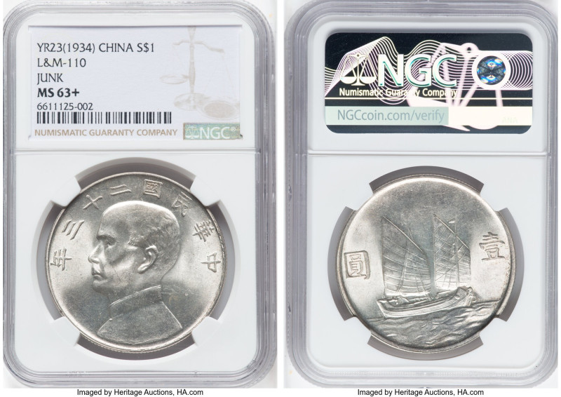 Republic Sun Yat-sen "Junk" Dollar Year 23 (1934) MS63+ NGC, KM-Y345, L&M-110. C...