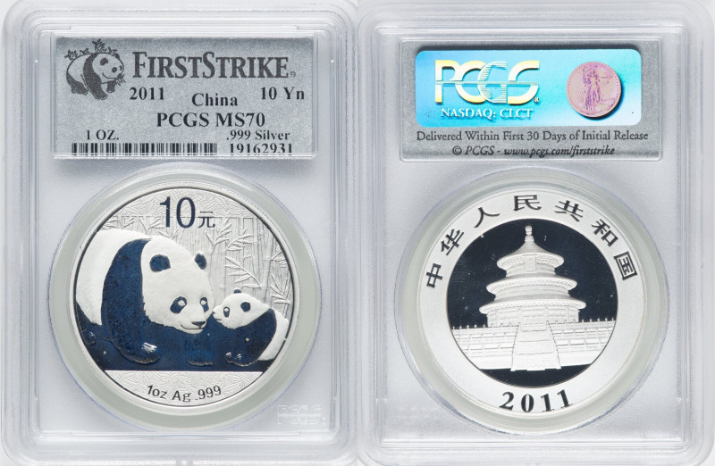 People's Republic silver Panda 10 Yuan (1 oz) 2011 MS70 PCGS, KM1980. First stri...