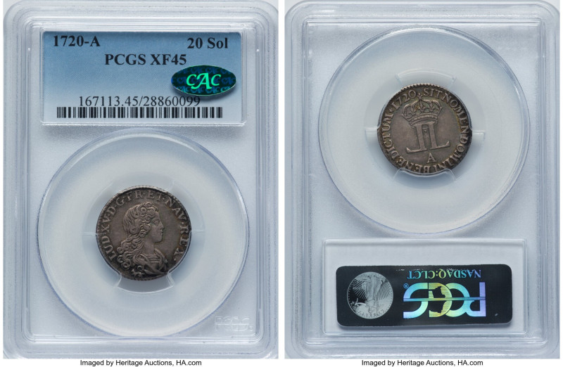 Louis XV 1/6 Ecu (20 Sols) 1720-A XF45 PCGS, Paris mint, KM453, Gad-296. CAC sti...