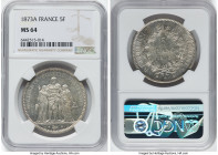 Republic 5 Francs 1873-A MS64 NGC, Paris mint, KM820.1. Lustrous whirling mint bloom and virtually untoned. HID09801242017 © 2023 Heritage Auctions | ...