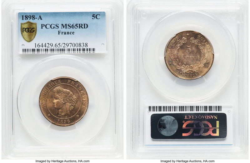 Pair of Certified 5 Centimes PCGS, 1) Republic 5 Centimes 1898-A MS65 Red, Paris...