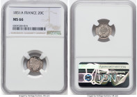 3-Piece Lot of Certified silver Assorted Centime Issues NGC, 1) Republic 20 Centimes 1851-A MS66, Paris mint, KM758.1 2) Napoleon III 20 Centimes 1867...