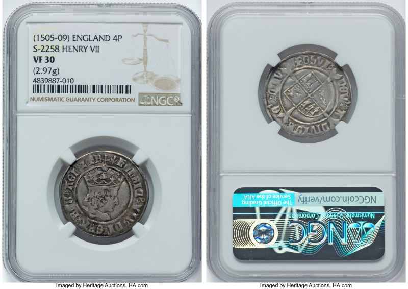 Henry VII (1485-1509) Groat ND (1505-1509) VF30 NGC, Tower mint, Pheon mm, Profi...