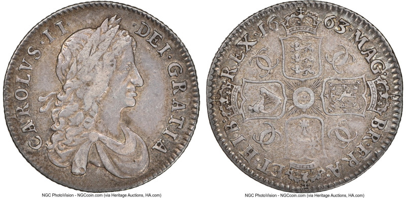 Charles II Shilling 1663 XF45 NGC, KM418.1. First bust. Double top leaf on wreat...