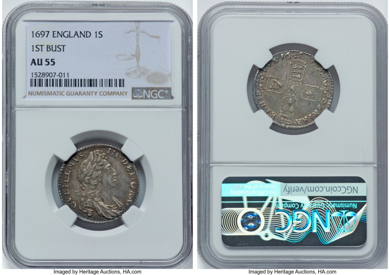 William III Shilling 1697 AU55 NGC, KM485.1, S-3497. First bust. Attractively to...