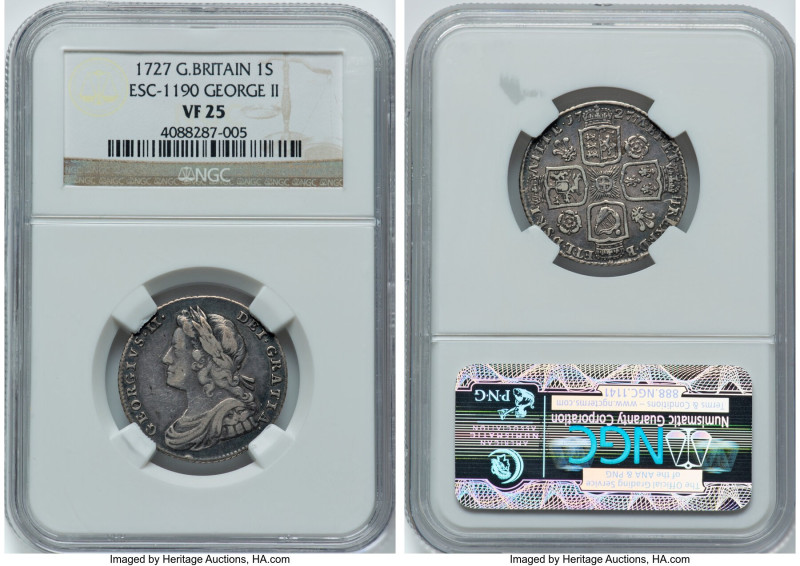 George II Shilling 1727 VF25 NGC, KM561.2, S-3698, ESC-1190. Roses & Plumes reve...