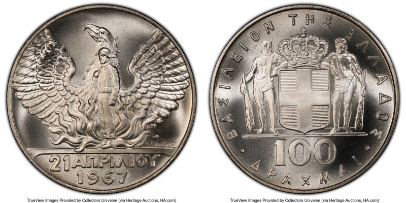 Constantine II "1967 Revolution" 100 Drachmai ND (1970) MS68 PCGS, Kremnitz mint...