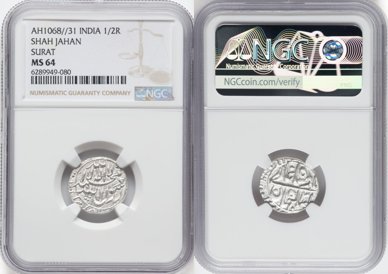 Mughal Empire. Shah Jahan silver 1/2 Rupee AH 1068 Year 31 (1657/1658) MS64 NGC,...