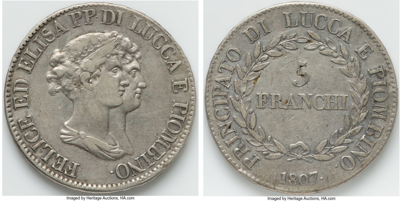 Lucca. Felix Bacciocchi & Elisa Bonaparte 5 Franchi 1807 XF, Florence mint, KM24...