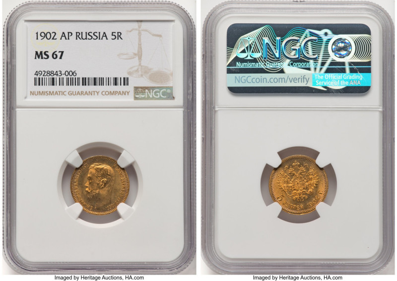 Nicholas II gold 5 Roubles 1902-AP MS67 NGC, St. Petersburg mint, KM-Y62, Fr-180...