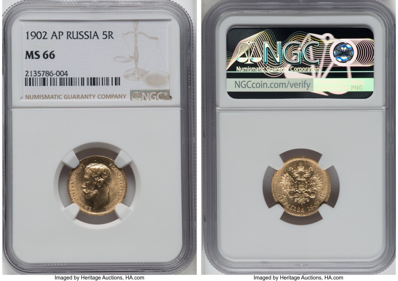 Nicholas II gold 5 Roubles 1902-AP MS66 NGC, St. Petersburg mint, KM-Y62, Fr-180...