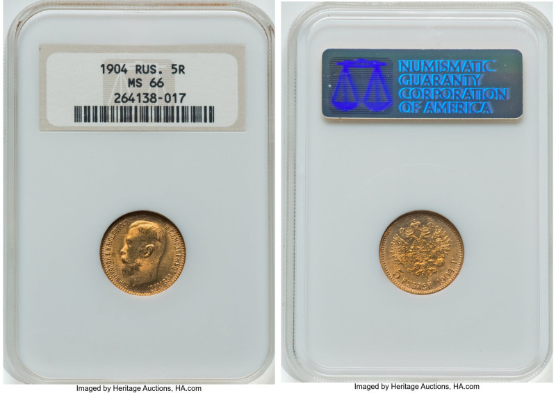 Nicholas II gold 5 Roubles 1904-AP MS66 NGC, St. Petersburg mint, KM-Y62, Fr-180...