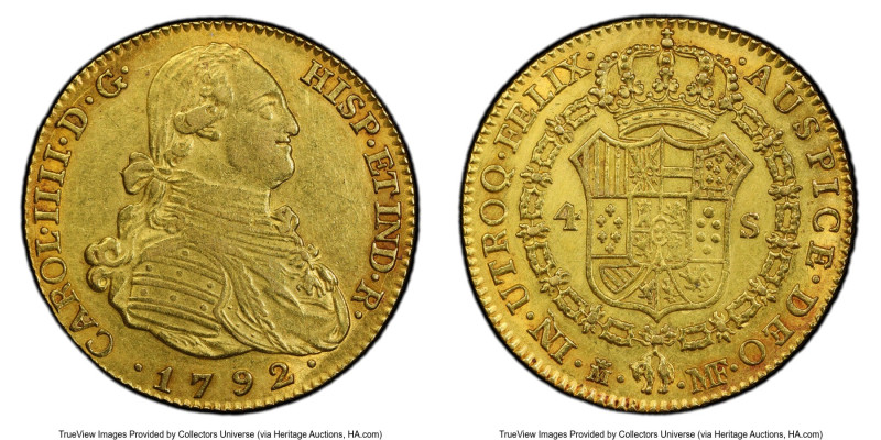 Charles IV gold 4 Escudos 1792 M-MF AU Details (Cleaned) PCGS, Madrid mint, KM43...