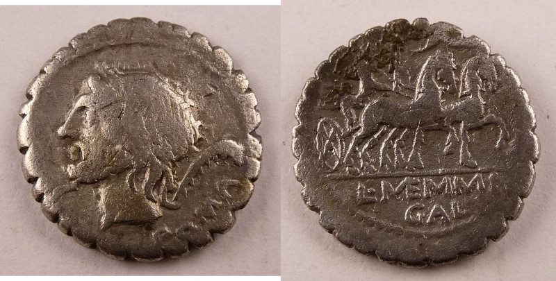 L. Memmius Galeria
AR Serrate Denarius 106 BC, 18 mm, 3.58 g.