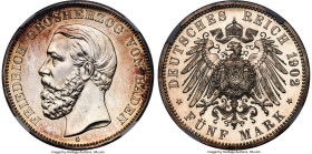 Baden. Friedrich I Proof 5 Mark 1902-G PR65+ NGC, Karlsruhe mint, KM268, Dav-533, J-29. An especially scarce Proof issue, minted during the final year...