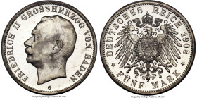 Baden. Friedrich II Proof 5 Mark 1908-G PR65 Deep Cameo PCGS, Karlsruhe mint, KM281, J-40. Immaculate quality for the type, with every detail rising a...